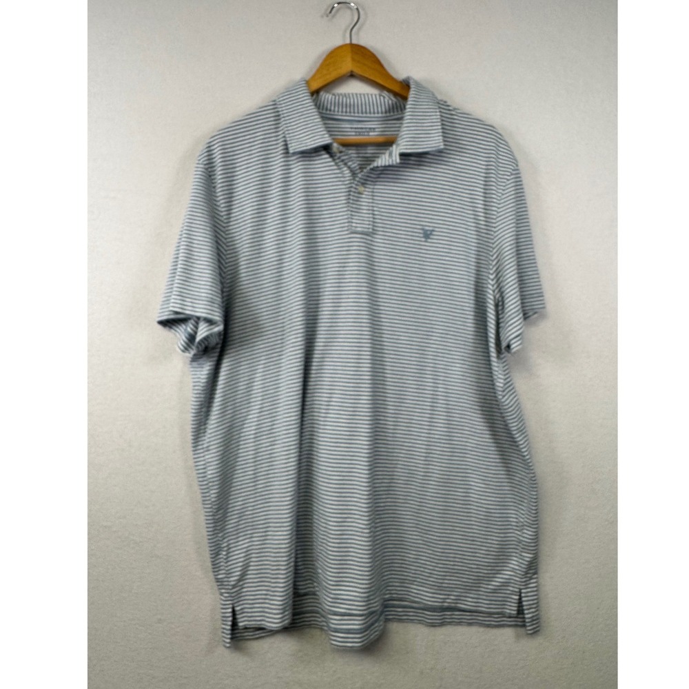 American Eagle Polo Shirt Mens XL‎ Blue White Striped Super Soft Standard Fit